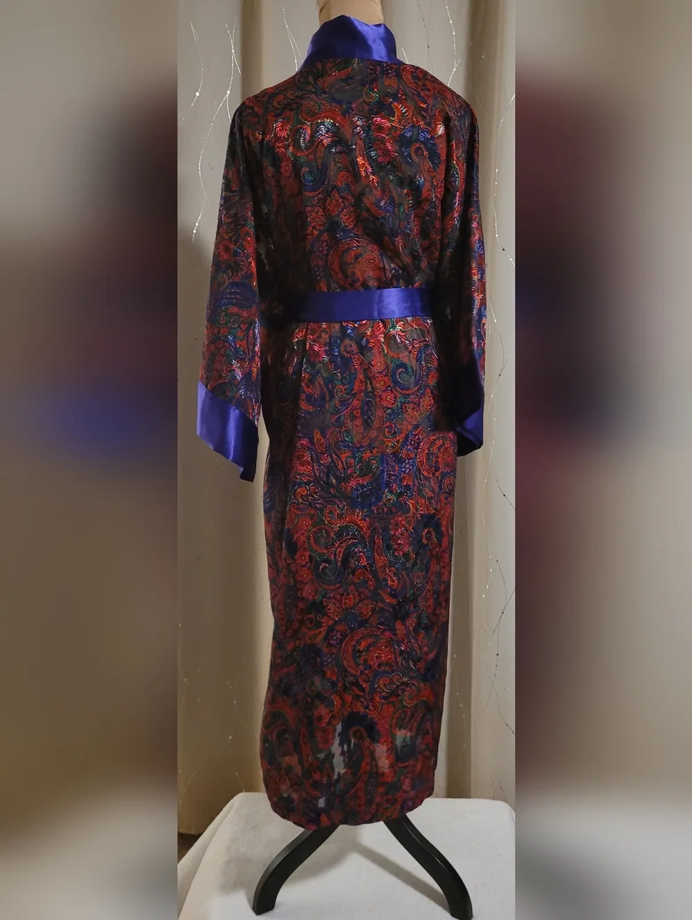 Vtg Victoria's Secret Gold Label Jewel Tone Purple Paisley Satin Maxi Robe OS - Picture 3 of 15